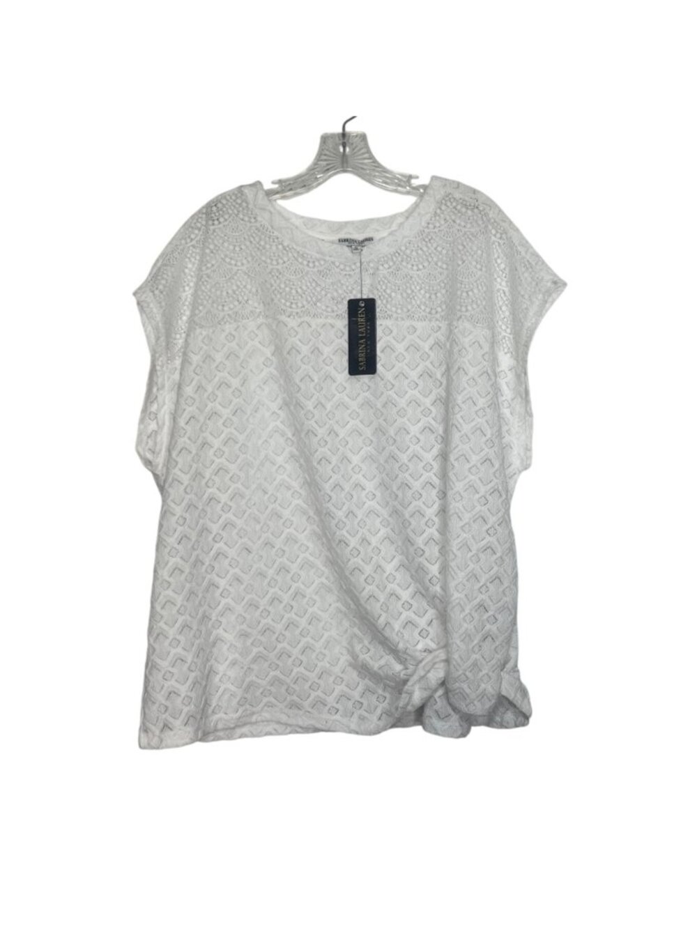 Sabrina Lauren Lace Top 2X White Lightweight Stretch Short Sleeve